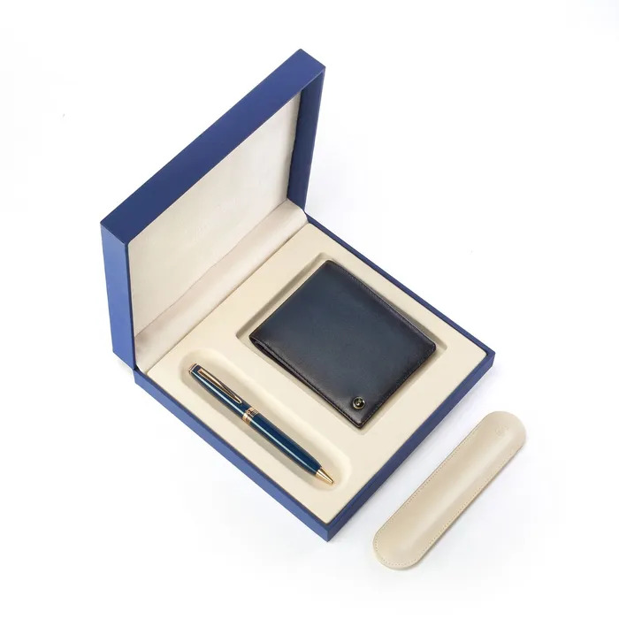 Gift Set Lapis Bard Contemporary Gold Trims Ballpoint Pen With Ducorium Wallet Blue With Gold Trim.jpg