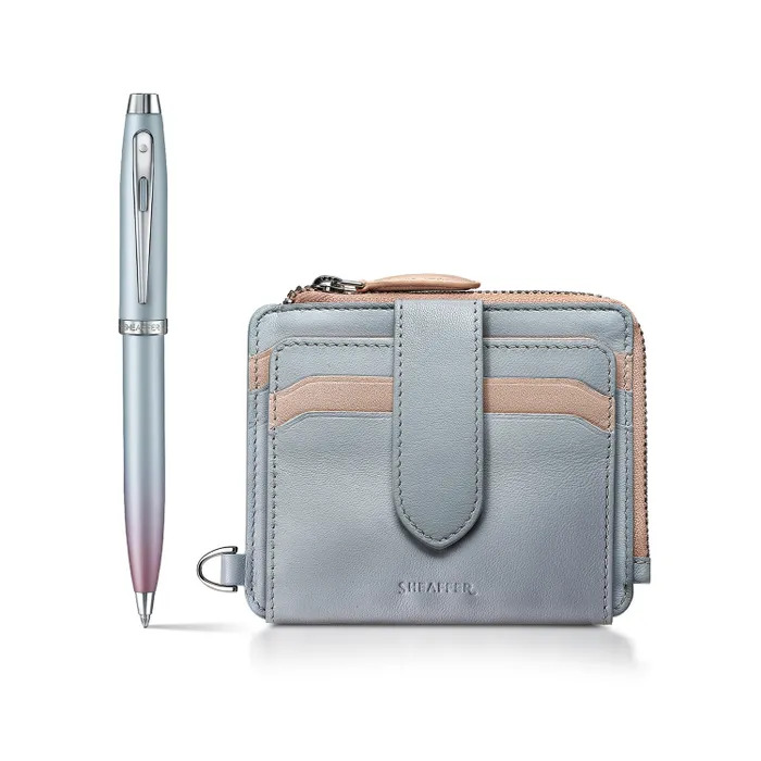Sheaffer Expressions Gift Set 100 9376 Blue and Pink Pearlised Gradient Ballpoint Pen with Chrome-plated Trims and Genuine Leather Wallet.jpg